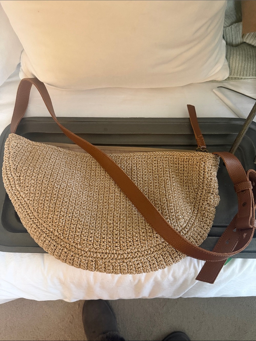 The Sak Tan Crochet Half-Moon Crossbody with Brown Strap